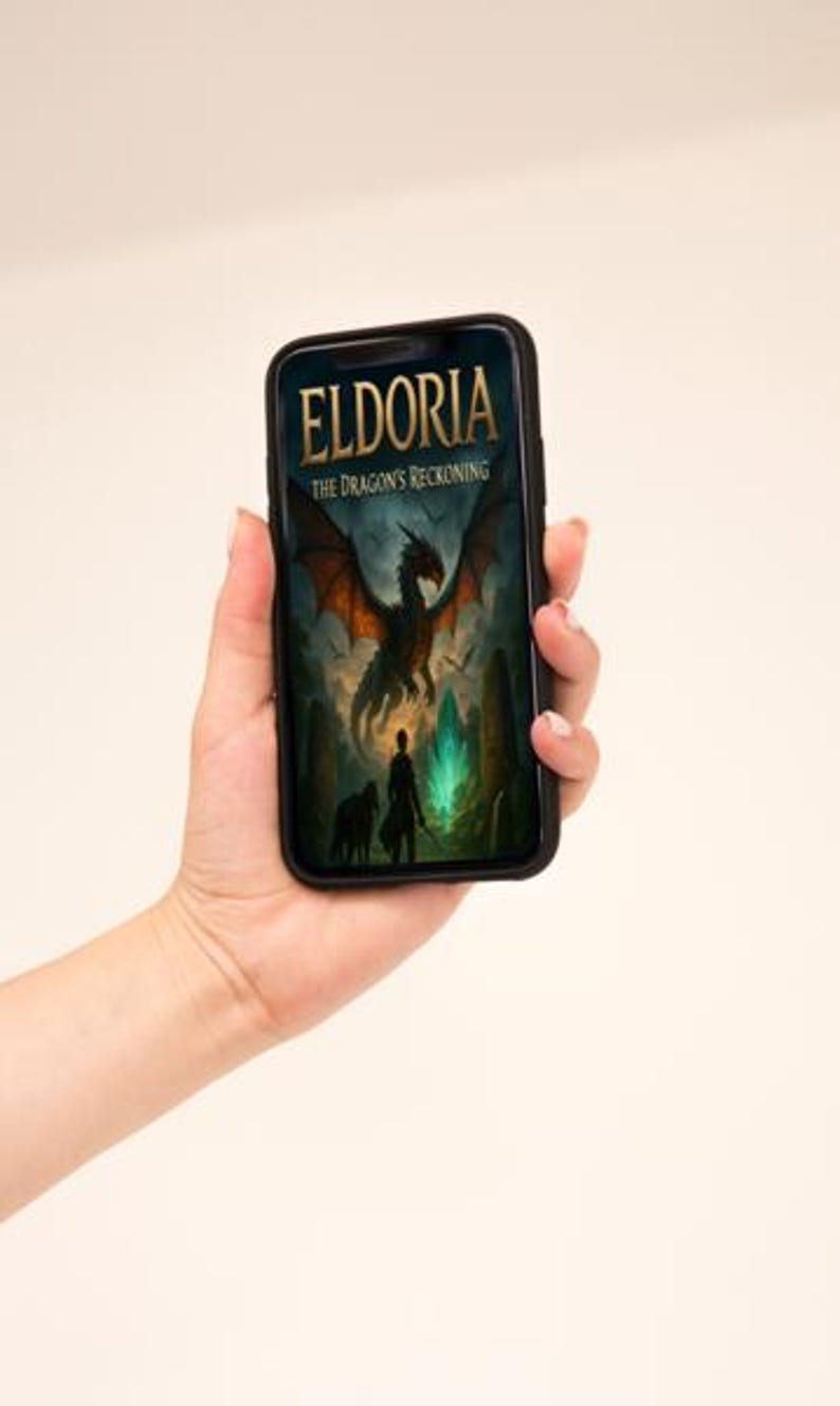 Op de afbeelding: Een zwarte smartphone met de cover van "ELDORIA: The Dragon's Reckoning". De afbeelding toont een draak met oranje vleugels, een silhouet en een hond in een fantasielandschap. De telefoon wordt in een hand gehouden.