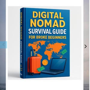 Op de afbeelding: Boekomslag met de titel "DIGITAL NOMAD SURVIVAL GUIDE FOR BROKE BEGINNERS". De omslag is blauw met oranje tekst en een wereldkaart. Een oranje koffer, laptop en geld zijn ook afgebeeld.