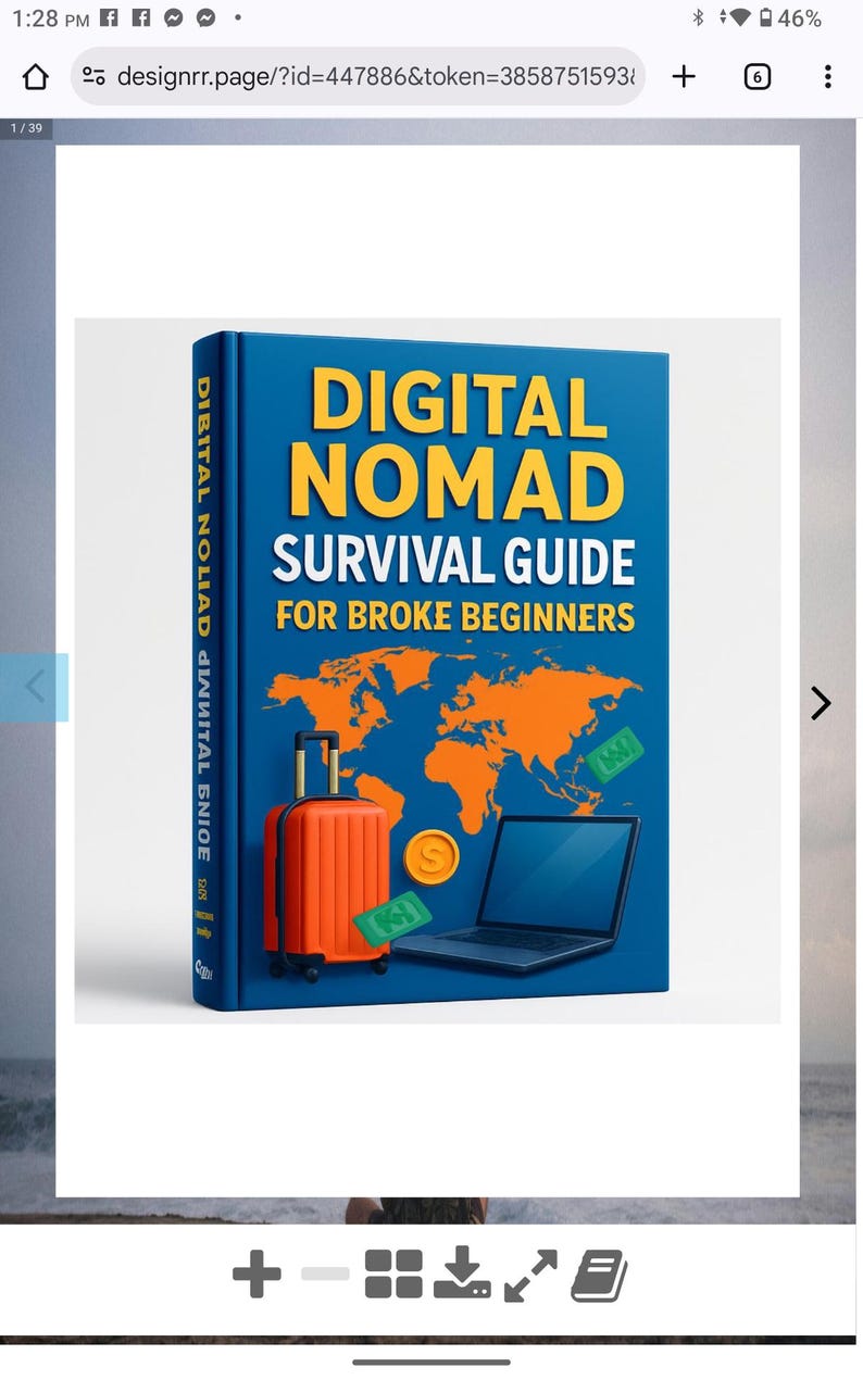 Op de afbeelding: Boekomslag met de titel "DIGITAL NOMAD SURVIVAL GUIDE FOR BROKE BEGINNERS". De omslag is blauw met oranje tekst en een wereldkaart. Een oranje koffer, laptop en geld zijn ook afgebeeld.