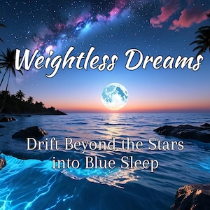 Puede incluir: Una escena de playa tropical con palmeras, luna llena y cielo estrellado. El texto "Weightless Dreams" está escrito en cursiva blanca. El texto "Drift Beyond the Stars into Blue Sleep" está escrito en sans-serif blanco.