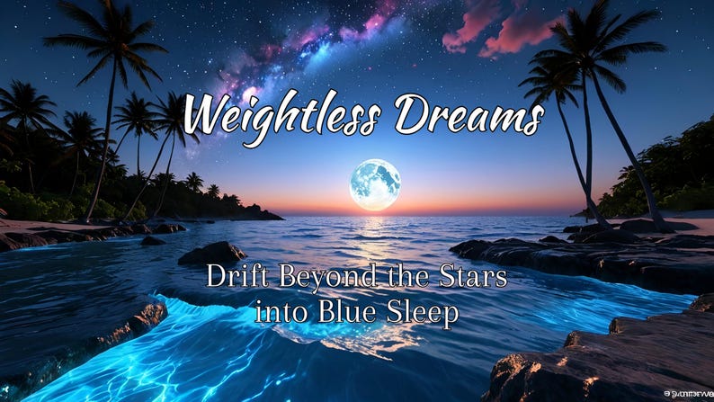 May include: A tropical beach scene with palm trees, a full moon, and a starry sky. The text "Weightless Dreams" is written in a white cursive font. The text "Drift Beyond the Stars into Blue Sleep" is written in a white sans-serif font.