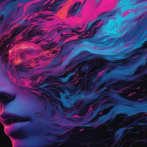 May include: Digital art portrait of a person's profile, rendered in vibrant neon colors. The artwork features a face with flowing, abstract hair-like elements in shades of pink, blue, and purple against a black background. The eyes glow with a pink light.