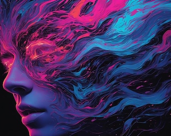 Può includere: Ritratto di arte digitale del profilo di una persona, reso in vivaci colori neon. L'opera presenta un volto con elementi fluenti e astratti simili a capelli in tonalità di rosa, blu e viola su sfondo nero. Gli occhi brillano di luce rosa.