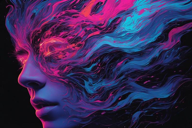 May include: Digital art portrait of a person's profile, rendered in vibrant neon colors. The artwork features a face with flowing, abstract hair-like elements in shades of pink, blue, and purple against a black background. The eyes glow with a pink light.