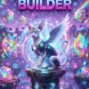 May include: A digital illustration titled THE 3.2 MILLION CREATURE BUILDER by AI IMAGINATION LAB. A winged, multi-eyed cat-like creature with iridescent markings sits on a stone pedestal surrounded by floating geometric crystals and numbers.