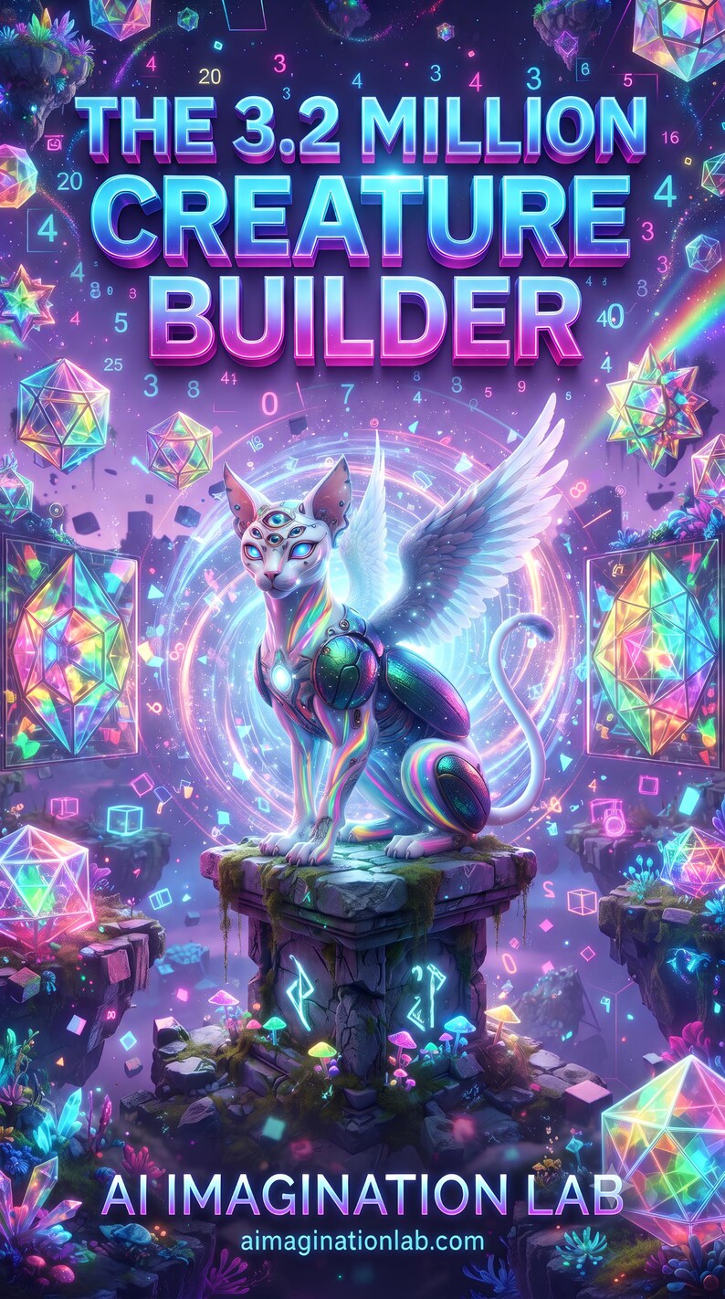 May include: A digital illustration titled THE 3.2 MILLION CREATURE BUILDER by AI IMAGINATION LAB. A winged, multi-eyed cat-like creature with iridescent markings sits on a stone pedestal surrounded by floating geometric crystals and numbers.