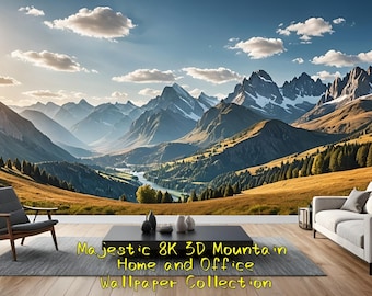 May include: A panoramic view of a mountain range with a valley in the foreground. The mountains are covered in snow and the valley is covered in green grass and trees. The sky is blue and there are clouds in the sky. The image is taken from a high vantage point and the mountains are in the distance. Majestic 8K 3D Mountain in Home and Office Wallpaper Collection.