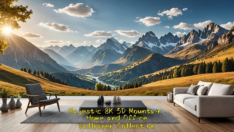 May include: A panoramic view of a mountain range with a valley in the foreground. The mountains are covered in snow and the valley is covered in green grass and trees. The sky is blue and there are clouds in the sky. The image is taken from a high vantage point and the mountains are in the distance. Majestic 8K 3D Mountain in Home and Office Wallpaper Collection.
