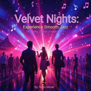 May include: Digital album cover art for "Velvet Nights: Experience Smooth Jazz." The image features a crowd of people in a club setting, with musical notes and bright pink and purple lighting. The text includes "18 Tracks, Digital Download."