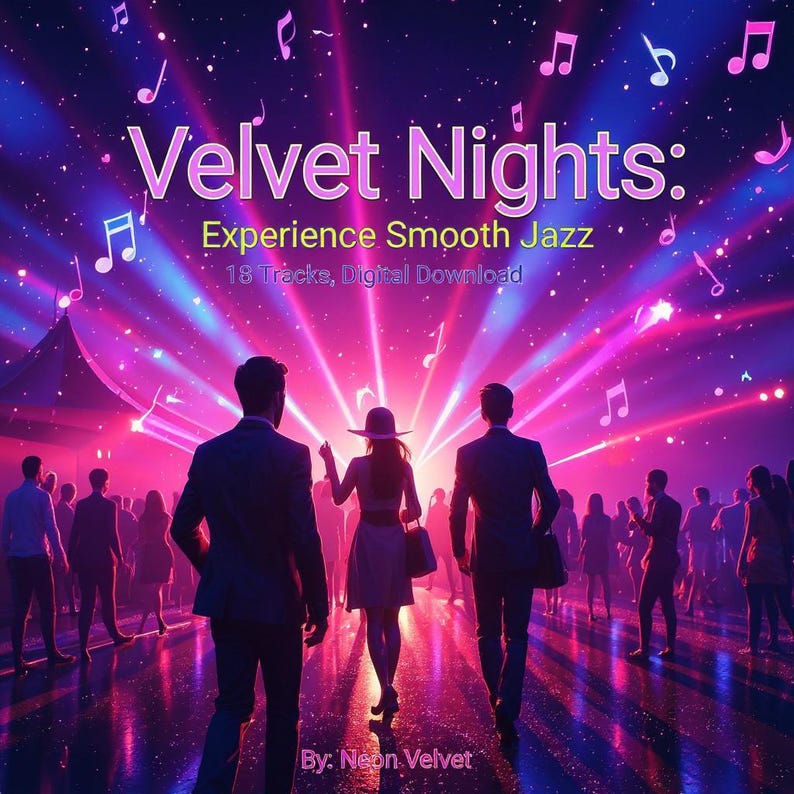 May include: Digital album cover art for "Velvet Nights: Experience Smooth Jazz." The image features a crowd of people in a club setting, with musical notes and bright pink and purple lighting. The text includes "18 Tracks, Digital Download."