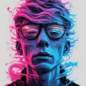 May include: Digital art portrait of a person with black-framed glasses, rendered in vibrant pink and blue hues. The artwork features a stylized, abstract design with flowing lines and a black shirt against a white background.