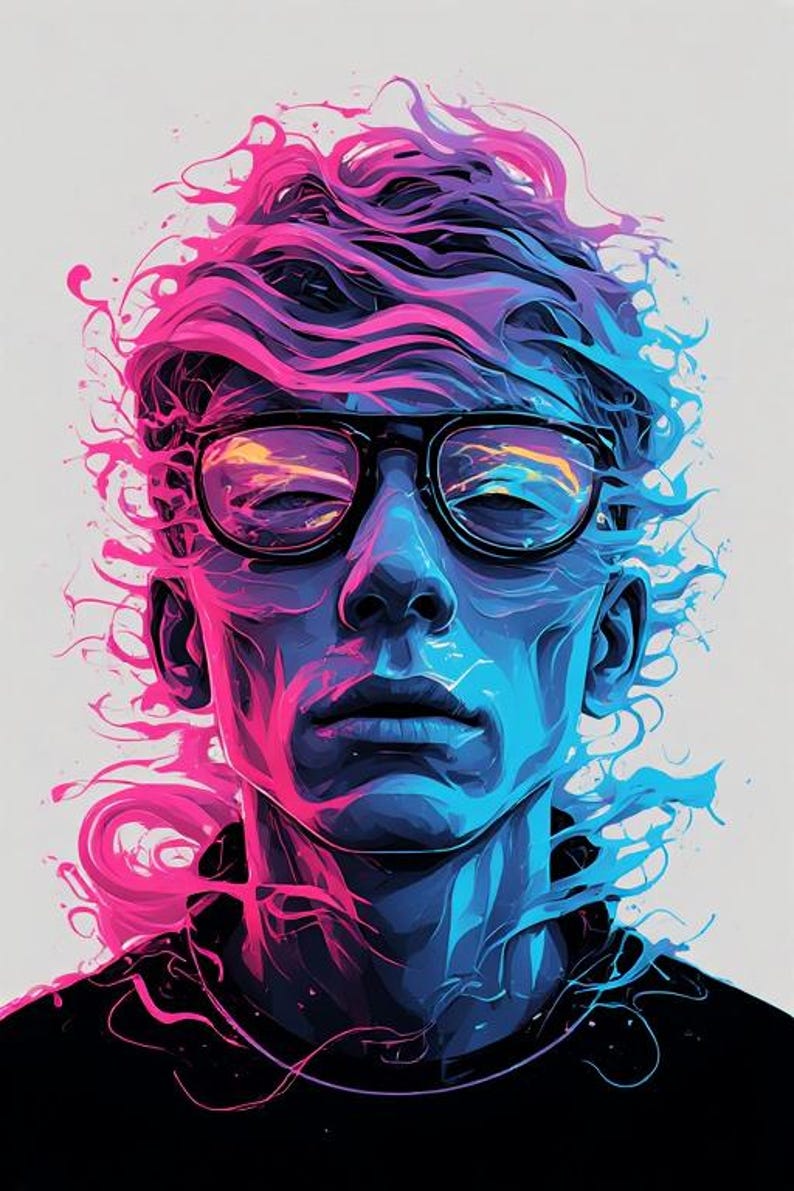 May include: Digital art portrait of a person with black-framed glasses, rendered in vibrant pink and blue hues. The artwork features a stylized, abstract design with flowing lines and a black shirt against a white background.