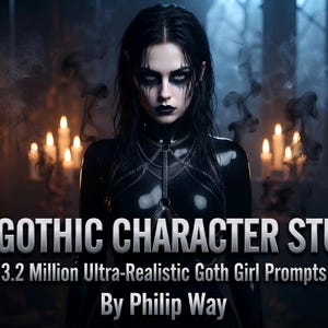 May include: A digital graphic featuring a person with dark hair and makeup wearing a black outfit, surrounded by lit candles and smoke. The text reads THE GOTHIC CHARACTER STUDIO, 3.2 Million Ultra-Realistic Goth Girl Prompts, By Philip Way.