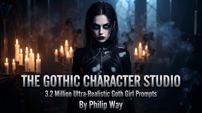 May include: A digital graphic featuring a person with dark hair and makeup wearing a black outfit, surrounded by lit candles and smoke. The text reads THE GOTHIC CHARACTER STUDIO, 3.2 Million Ultra-Realistic Goth Girl Prompts, By Philip Way.