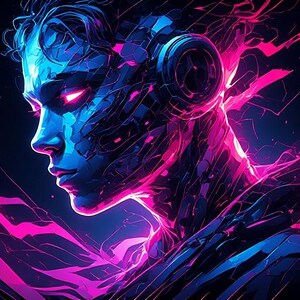 May include: Digital art portrait of a person with blue skin and pink glowing eyes, wearing headphones. The artwork features a futuristic, neon aesthetic with vibrant pink and blue colors against a dark background.