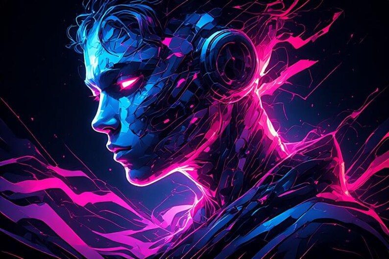 May include: Digital art portrait of a person with blue skin and pink glowing eyes, wearing headphones. The artwork features a futuristic, neon aesthetic with vibrant pink and blue colors against a dark background.