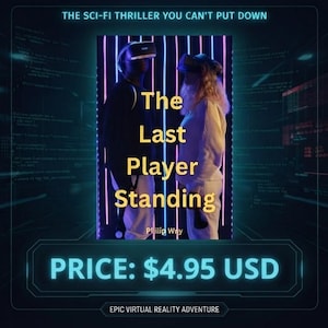 May include: A book cover titled The Last Player Standing featuring two figures wearing virtual reality headsets against a background of vertical purple and blue neon lights, framed by digital interface graphics with cyan wireframe head displays.