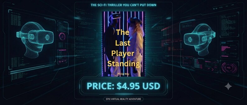 May include: A book cover titled The Last Player Standing featuring two figures wearing virtual reality headsets against a background of vertical purple and blue neon lights, framed by digital interface graphics with cyan wireframe head displays.