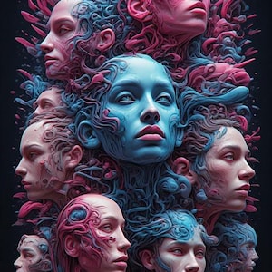 May include: An artistic digital illustration featuring multiple faces in shades of pink and blue. The faces are intricately detailed, with flowing, abstract elements surrounding them. The artwork has a surreal, dreamlike quality against a dark background.