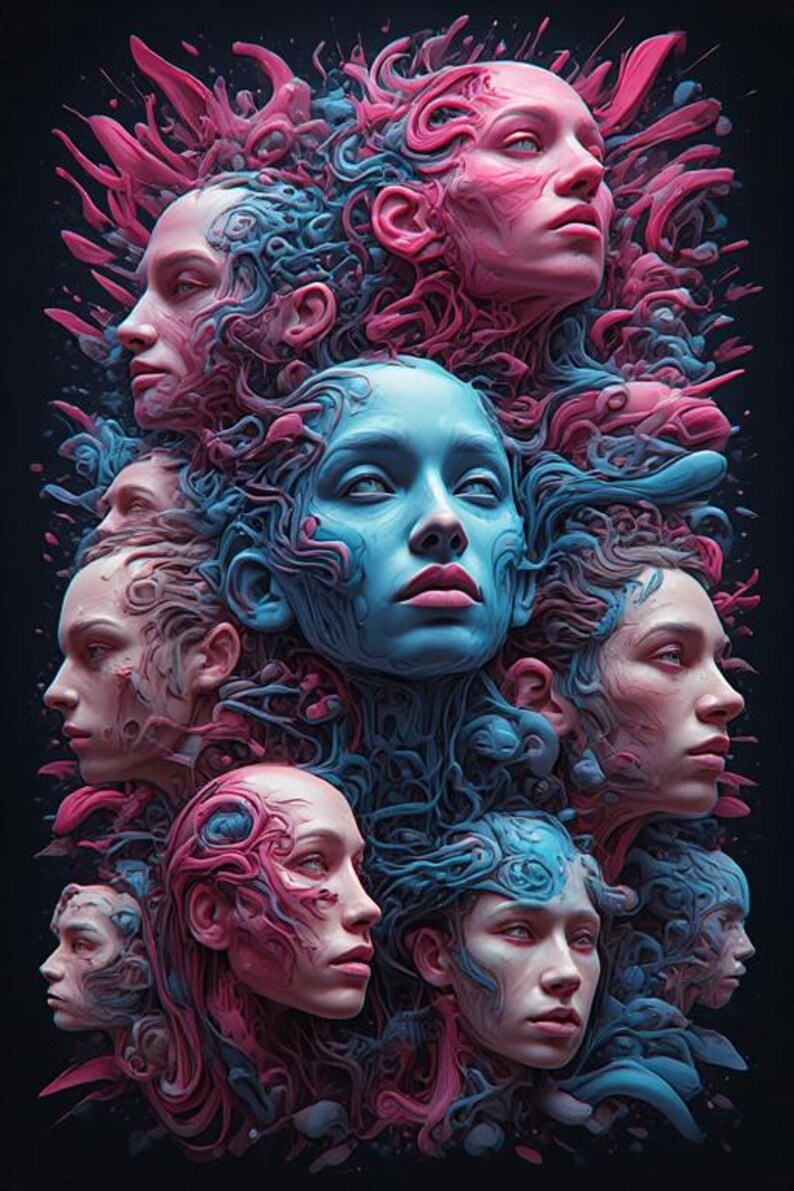 May include: An artistic digital illustration featuring multiple faces in shades of pink and blue. The faces are intricately detailed, with flowing, abstract elements surrounding them. The artwork has a surreal, dreamlike quality against a dark background.