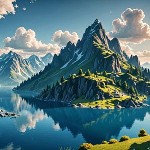May include: A scenic view of a mountain range with a lake in the foreground. The lake is surrounded by lush green trees and the mountains are covered in snow. The sun is shining brightly in the sky.