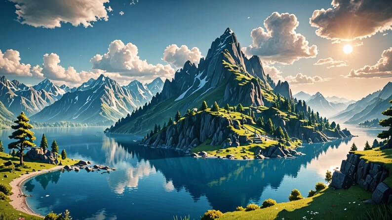 May include: A scenic view of a mountain range with a lake in the foreground. The lake is surrounded by lush green trees and the mountains are covered in snow. The sun is shining brightly in the sky.