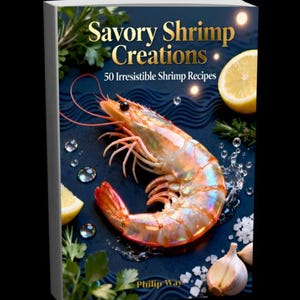 May include: A cookbook titled "Savory Shrimp Creations" with a vibrant image of a cooked shrimp, lemon slices, garlic, and herbs. The cover features the text "50 Irresistible Shrimp Recipes" and the author's name, Philip Way.
