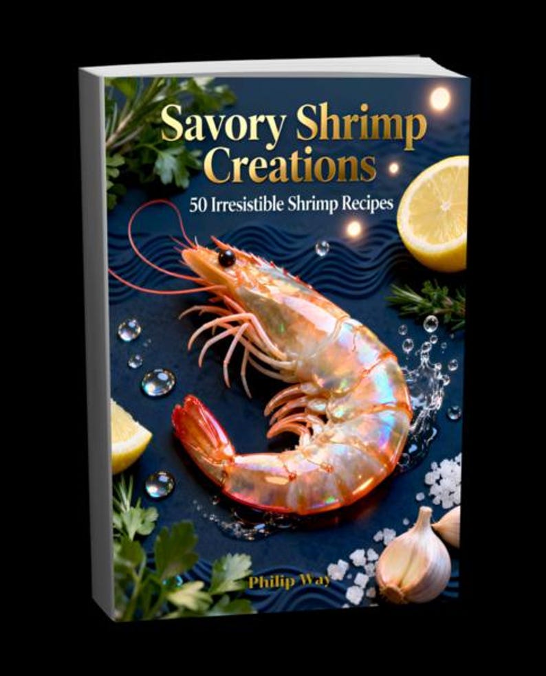 May include: A cookbook titled "Savory Shrimp Creations" with a vibrant image of a cooked shrimp, lemon slices, garlic, and herbs. The cover features the text "50 Irresistible Shrimp Recipes" and the author's name, Philip Way.