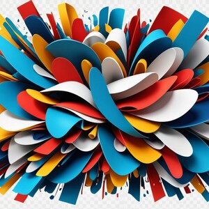 May include: Abstract colorful design with overlapping layers of blue, red, yellow, and white shapes. The shapes are arranged in a radial pattern, creating a burst effect.