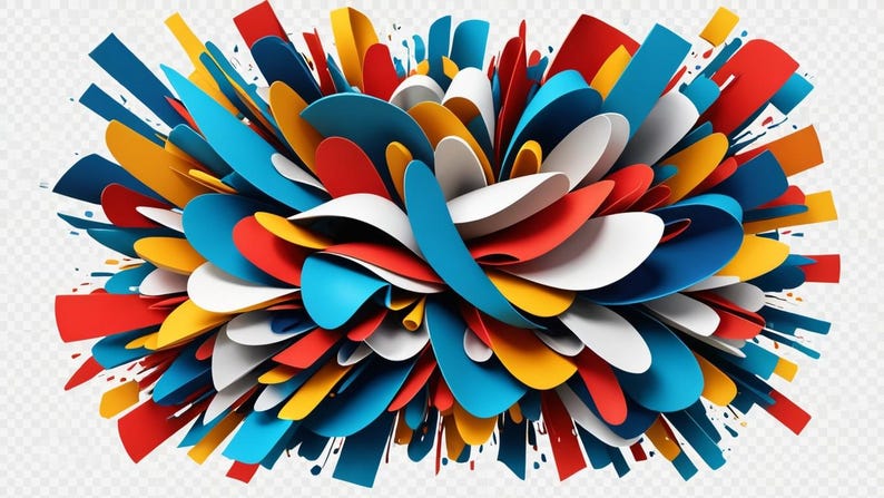 May include: Abstract colorful design with overlapping layers of blue, red, yellow, and white shapes. The shapes are arranged in a radial pattern, creating a burst effect.