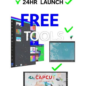 May include: Image promoting free tools with the text "5 MINUTE SETUP" and "24HR LAUNCH". The word "FREE" is in blue, and "TOOLS" is in white. The image includes multiple computer screens with various interfaces and the CapCut logo.