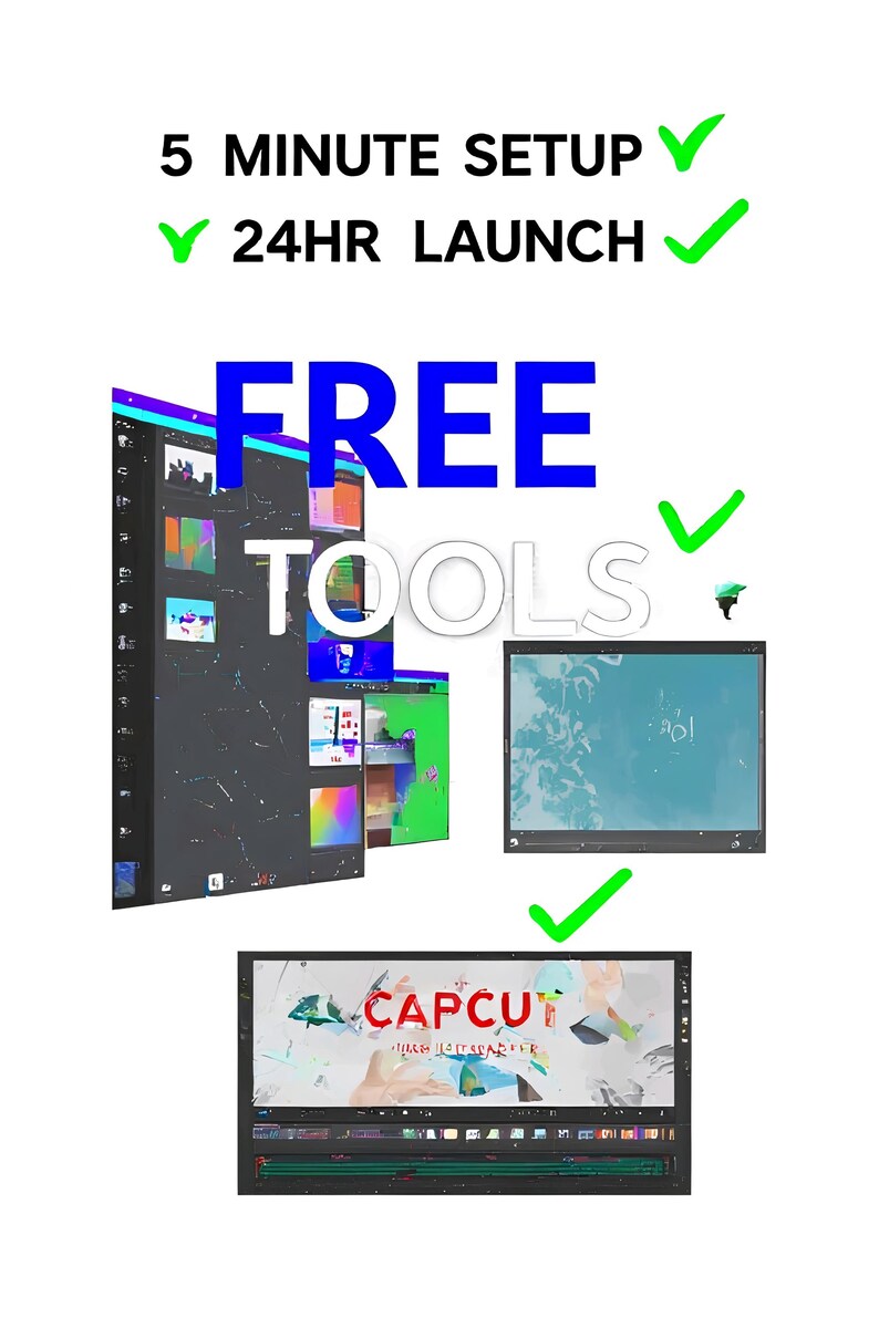 May include: Image promoting free tools with the text "5 MINUTE SETUP" and "24HR LAUNCH". The word "FREE" is in blue, and "TOOLS" is in white. The image includes multiple computer screens with various interfaces and the CapCut logo.