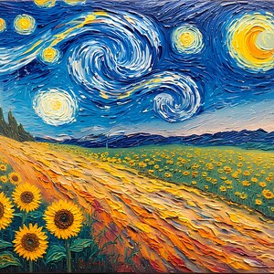 Op de afbeelding: Impasto olieverfschilderij dat een levendige nachtsc&egrave;ne weergeeft met wervelende blauwe luchten, heldergele sterren en een grote halve maan. Een veld met zonnebloemen en een kronkelend pad leiden naar de horizon. Het kunstwerk roept de stijl van Van Gogh op.