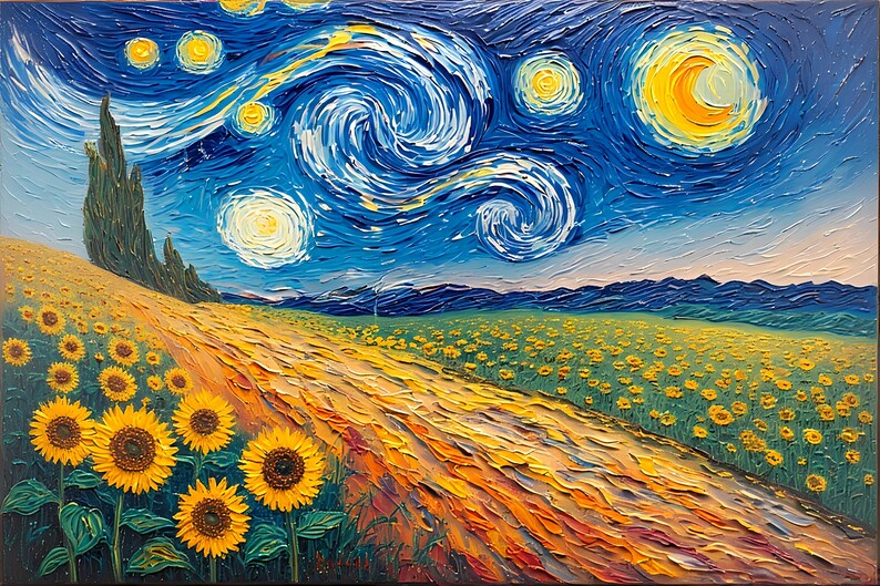 Op de afbeelding: Impasto olieverfschilderij dat een levendige nachtsc&egrave;ne weergeeft met wervelende blauwe luchten, heldergele sterren en een grote halve maan. Een veld met zonnebloemen en een kronkelend pad leiden naar de horizon. Het kunstwerk roept de stijl van Van Gogh op.