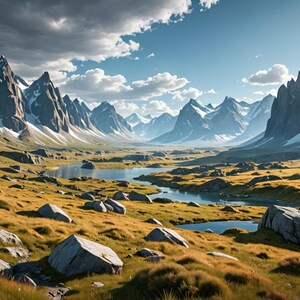May include: A scenic view of a valley with snow-capped mountains in the background. A river winds through the valley, surrounded by green grass and large rocks.