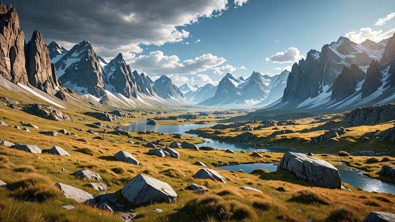 May include: A scenic view of a valley with snow-capped mountains in the background. A river winds through the valley, surrounded by green grass and large rocks.
