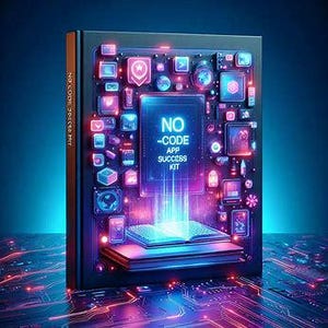 May include: A book titled "NO -CODE APP SUCCESS KIT" with a neon-lit design. The cover features various app icons and a glowing portal emanating from an open book. The book is black with a gold spine, set against a futuristic, tech-themed background.