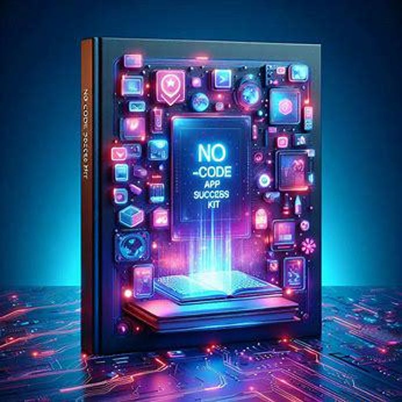 May include: A book titled "NO -CODE APP SUCCESS KIT" with a neon-lit design. The cover features various app icons and a glowing portal emanating from an open book. The book is black with a gold spine, set against a futuristic, tech-themed background.