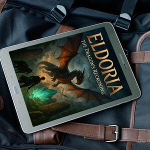 Op de afbeelding: Een zilveren Samsung tablet met de cover van "Eldoria: The Dragon's Reckoning" ligt op een zwarte en bruine rugzak. De cover toont een draak, een krijger en een gloeiend kristal.