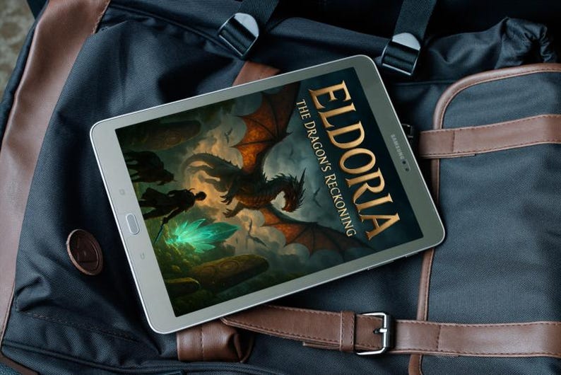 Op de afbeelding: Een zilveren Samsung tablet met de cover van "Eldoria: The Dragon's Reckoning" ligt op een zwarte en bruine rugzak. De cover toont een draak, een krijger en een gloeiend kristal.