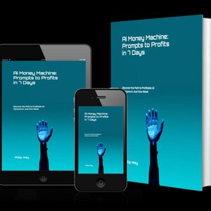 May include: An image featuring a book, a tablet, and a smartphone, all displaying the cover of "AI Money Machine: Prompts to Profits in 7 Days." The cover art includes a blue robotic hand reaching upwards against a teal background.