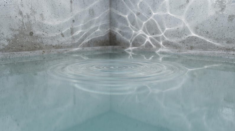 May include: A clear pool of water contained within a grey concrete corner structure. The surface of the water displays concentric circular ripples emanating from a central point, while light reflects off the water to create patterns on the walls.