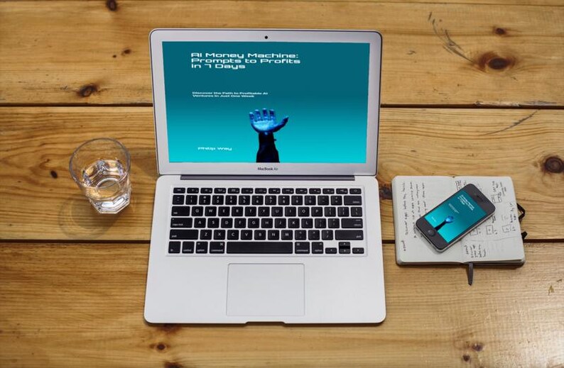 May include: A silver laptop displays a teal screen with the text "AI Money Machine: Prompts to Profits in 7 Days." A smartphone and notebook sit nearby on a wooden surface. A glass of water is also present.