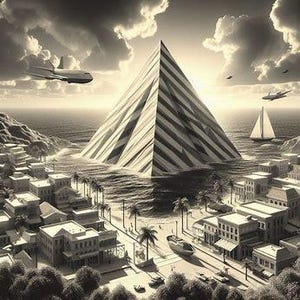 May include: A black and white artistic rendering of a city with a large pyramid structure emerging from the ocean. Airplanes and a sailboat are in the sky. Palm trees line the streets of the city.