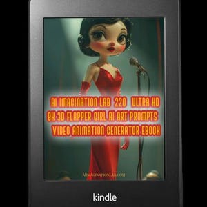 Op de afbeelding: Een Kindle e-reader toont een digitale afbeelding van een cartoon flapper girl in een rode jurk, met een microfoon. Het scherm bevat tekst: "AI IMAGINATION LAB 220 ULTRA HD 8K 3D FLAPPER GIRL AI ART PROMPTS VIDEO ANIMATION GENERATOR EBOOK."
