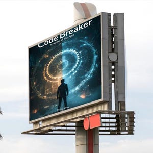May include: A large billboard displays the title "Code Breaker" with the subtitle "A Journey of the Ages." The image features a silhouetted figure standing before a glowing, futuristic design. The author's name, Philip Way, is also visible.
