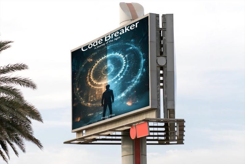May include: A large billboard displays the title "Code Breaker" with the subtitle "A Journey of the Ages." The image features a silhouetted figure standing before a glowing, futuristic design. The author's name, Philip Way, is also visible.