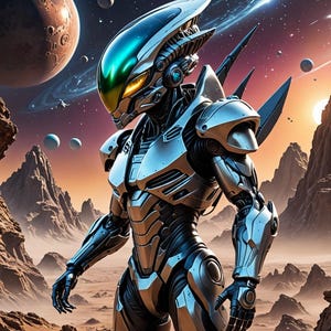 Pu&ograve; includere: Una figura robotica futuristica, argentata e nera, si trova su un pianeta desertico. La figura ha un casco elegante con una visiera verde e occhi gialli. Lo sfondo presenta un pianeta con anelli, altri corpi celesti e un cielo colorato.