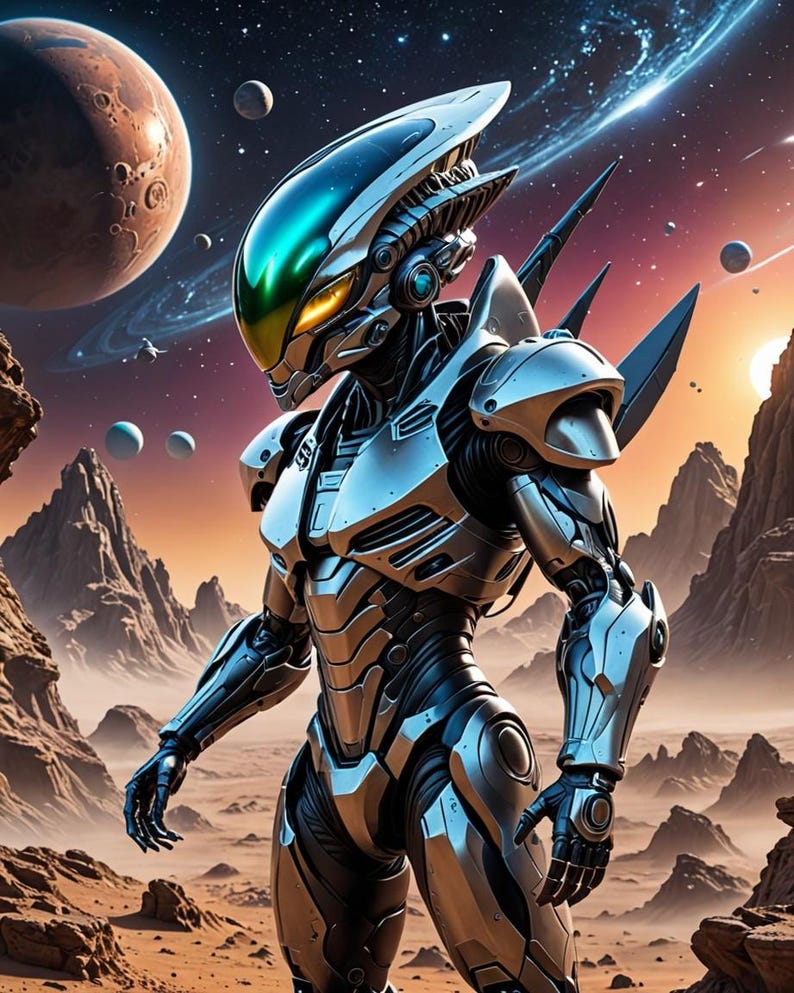Pu&ograve; includere: Una figura robotica futuristica, argentata e nera, si trova su un pianeta desertico. La figura ha un casco elegante con una visiera verde e occhi gialli. Lo sfondo presenta un pianeta con anelli, altri corpi celesti e un cielo colorato.
