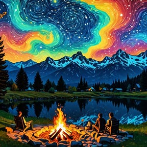 Pu&ograve; includere: Un fal&ograve; brucia intensamente davanti a tre persone sedute su sedie intorno ad esso. La scena &egrave; ambientata sullo sfondo di un lago, montagne e un cielo notturno vorticoso e colorato.